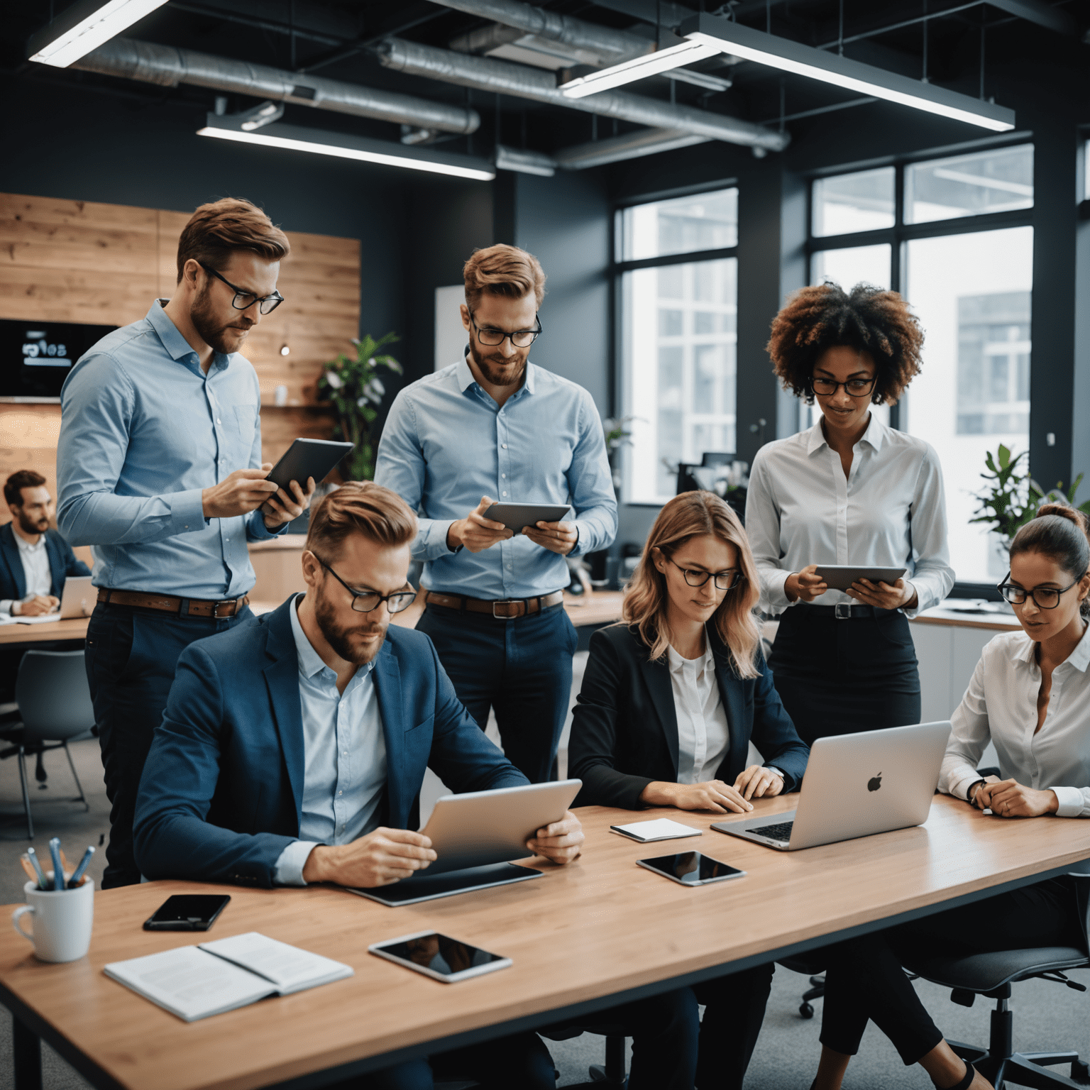 Equipo de profesionales trabajando en soluciones de transformación digital, utilizando tabletas y computadoras en una oficina moderna