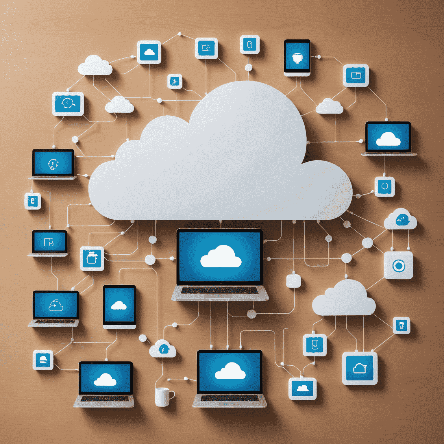 Representación visual de la nube con iconos de dispositivos conectados, simbolizando el cloud computing y la transformación digital