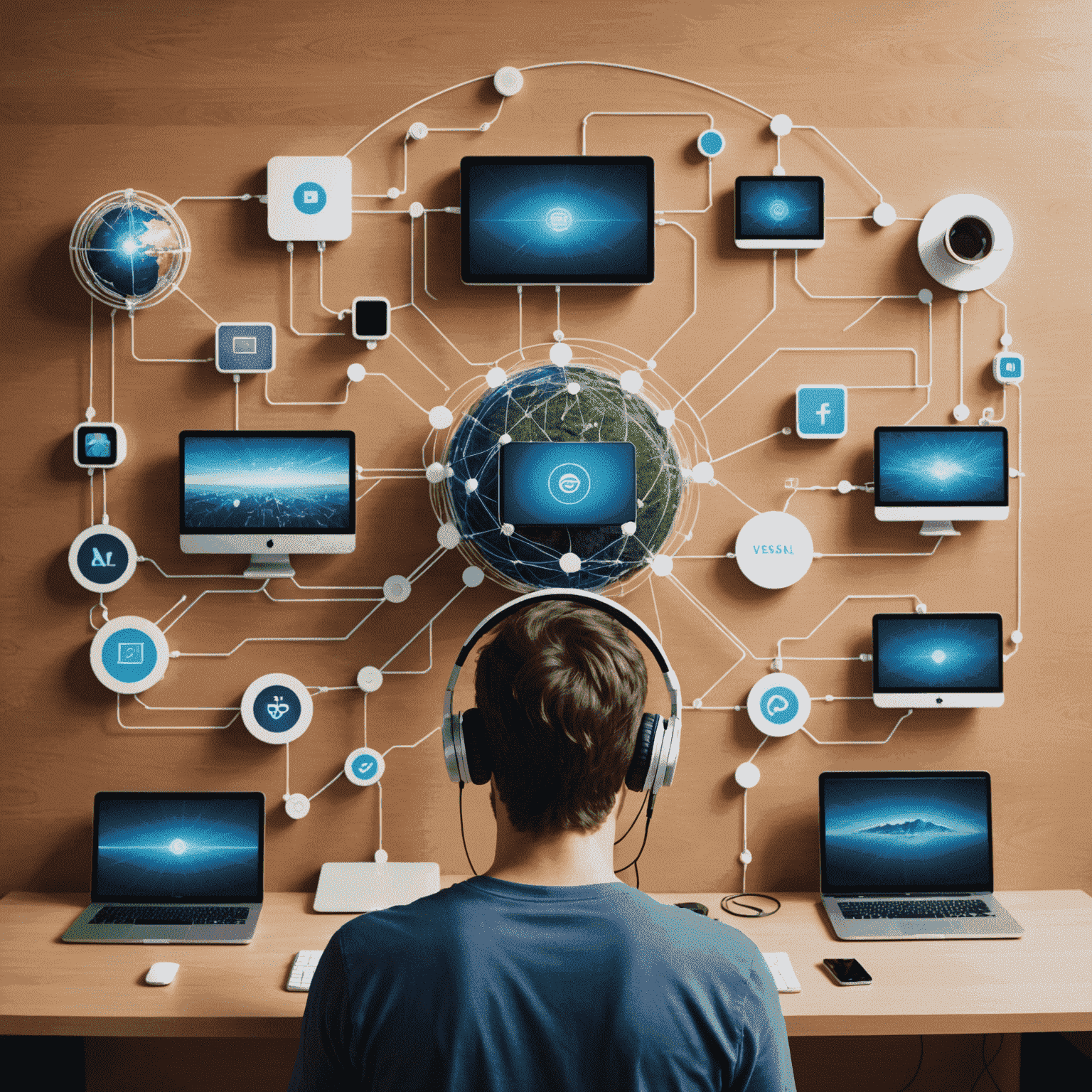 Representación visual de sistemas integrados con conexiones digitales entre diferentes plataformas y dispositivos