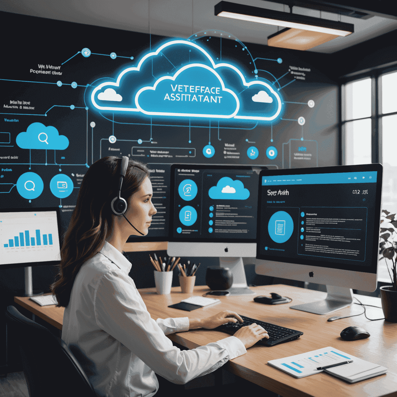 Interfaz de un asistente virtual mostrando diversas funcionalidades en la nube, como análisis de datos, programación de tareas y respuesta a consultas