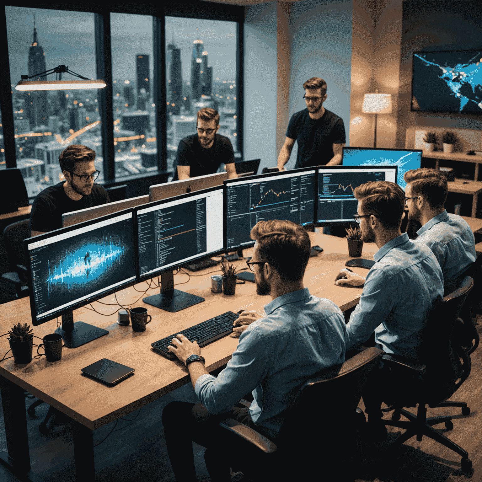 Equipo de desarrolladores trabajando en código en pantallas múltiples, representando el desarrollo de software personalizado